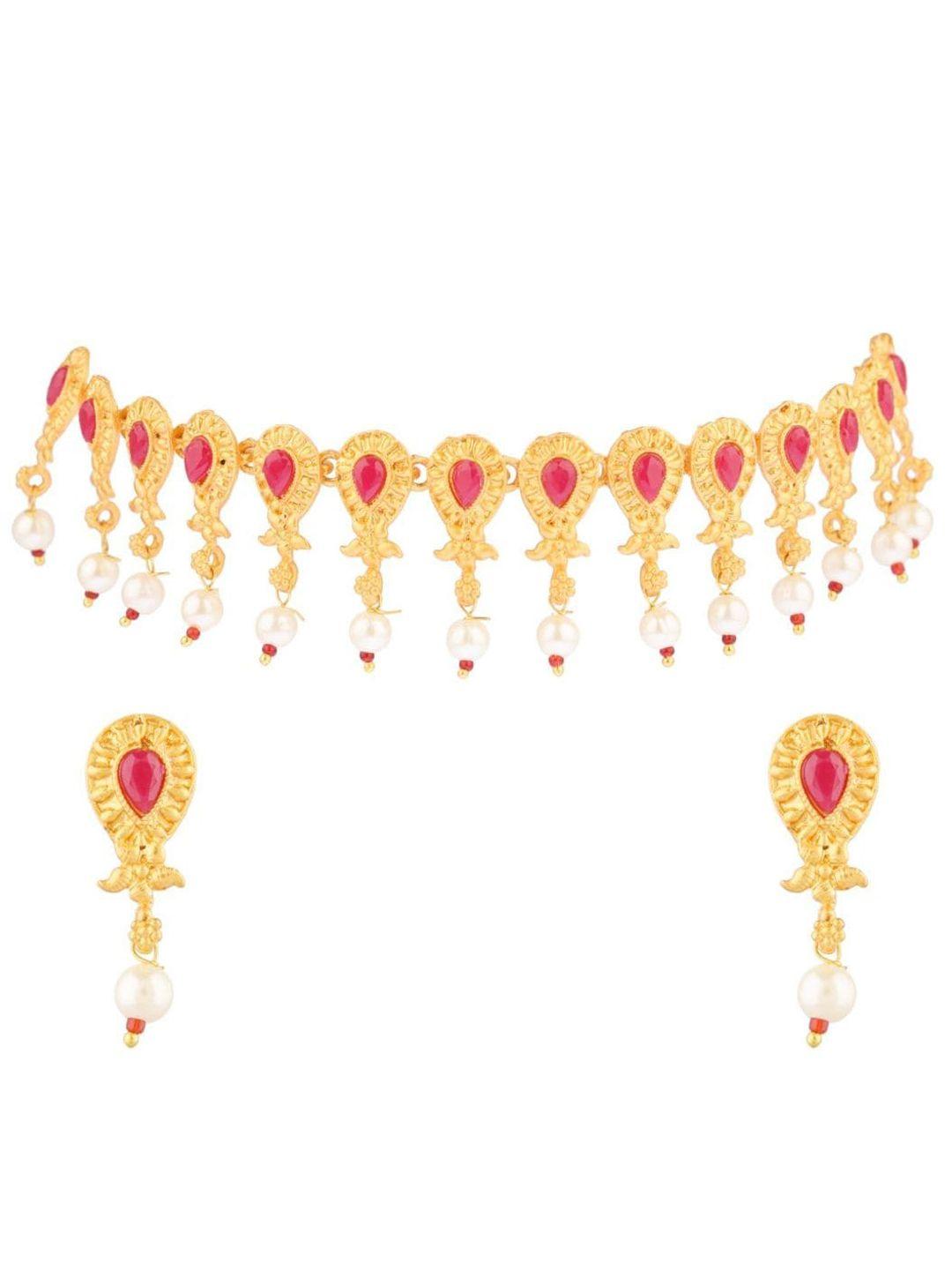 efulgenz gold-plated & pink crystal stone studded traditional jewellery set