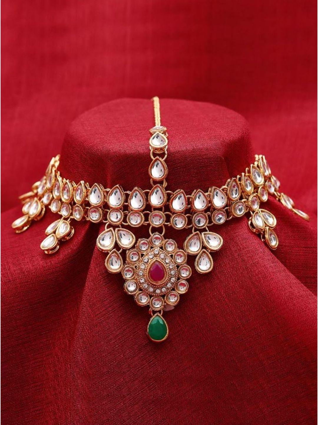 efulgenz gold-plated & white kundan-studded charm bridal maangtikka with head chain