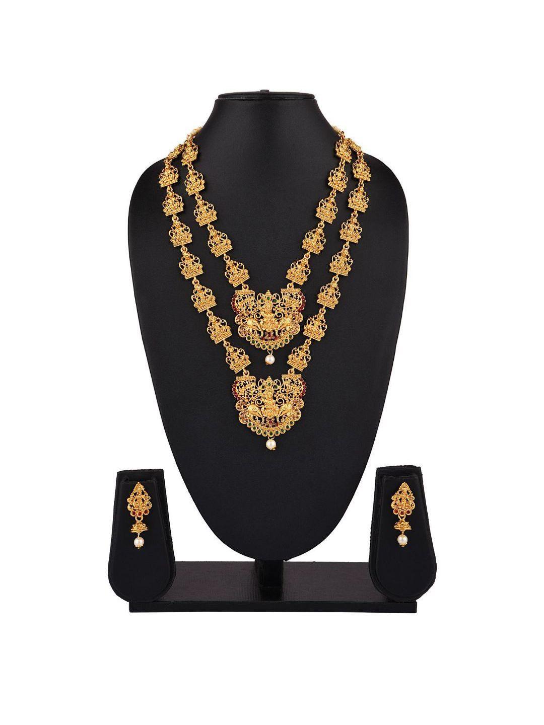 efulgenz gold-plated green & pink crystal studded traditional jewellery set