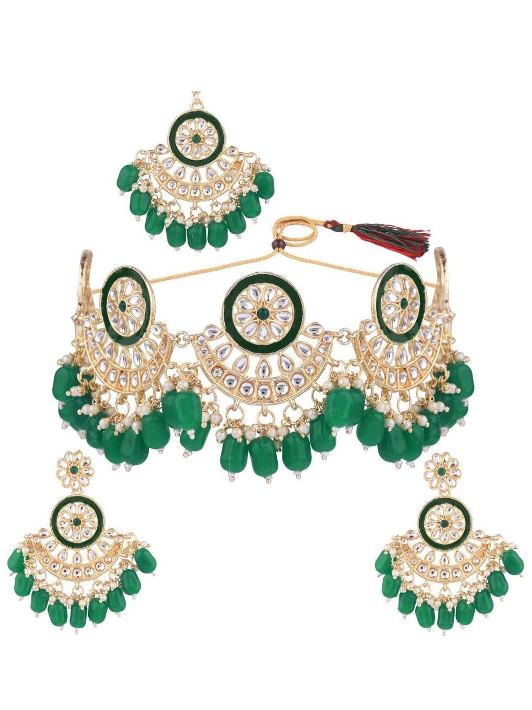 efulgenz gold-plated green & white kundan-studded jewellery set