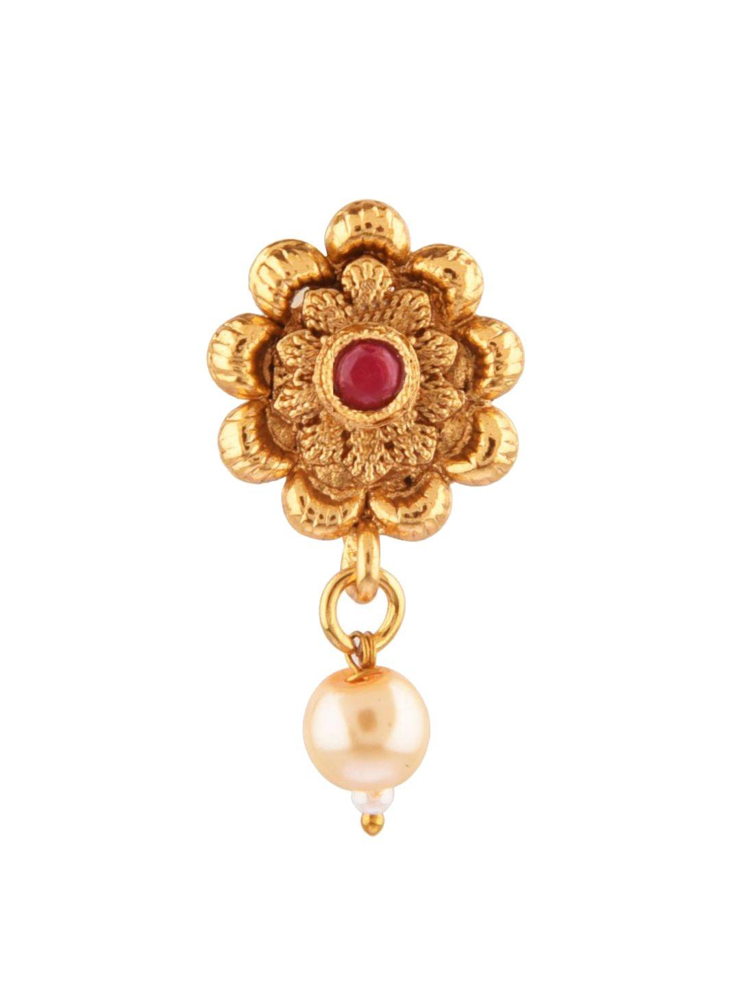 efulgenz gold-plated pink & white stone & pearl studded nosepin
