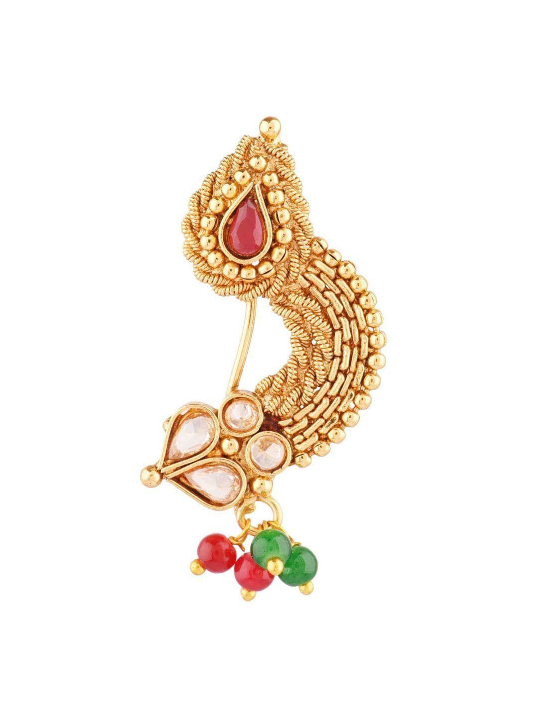 efulgenz gold-plated red & green stone-studded & beaded nosepin