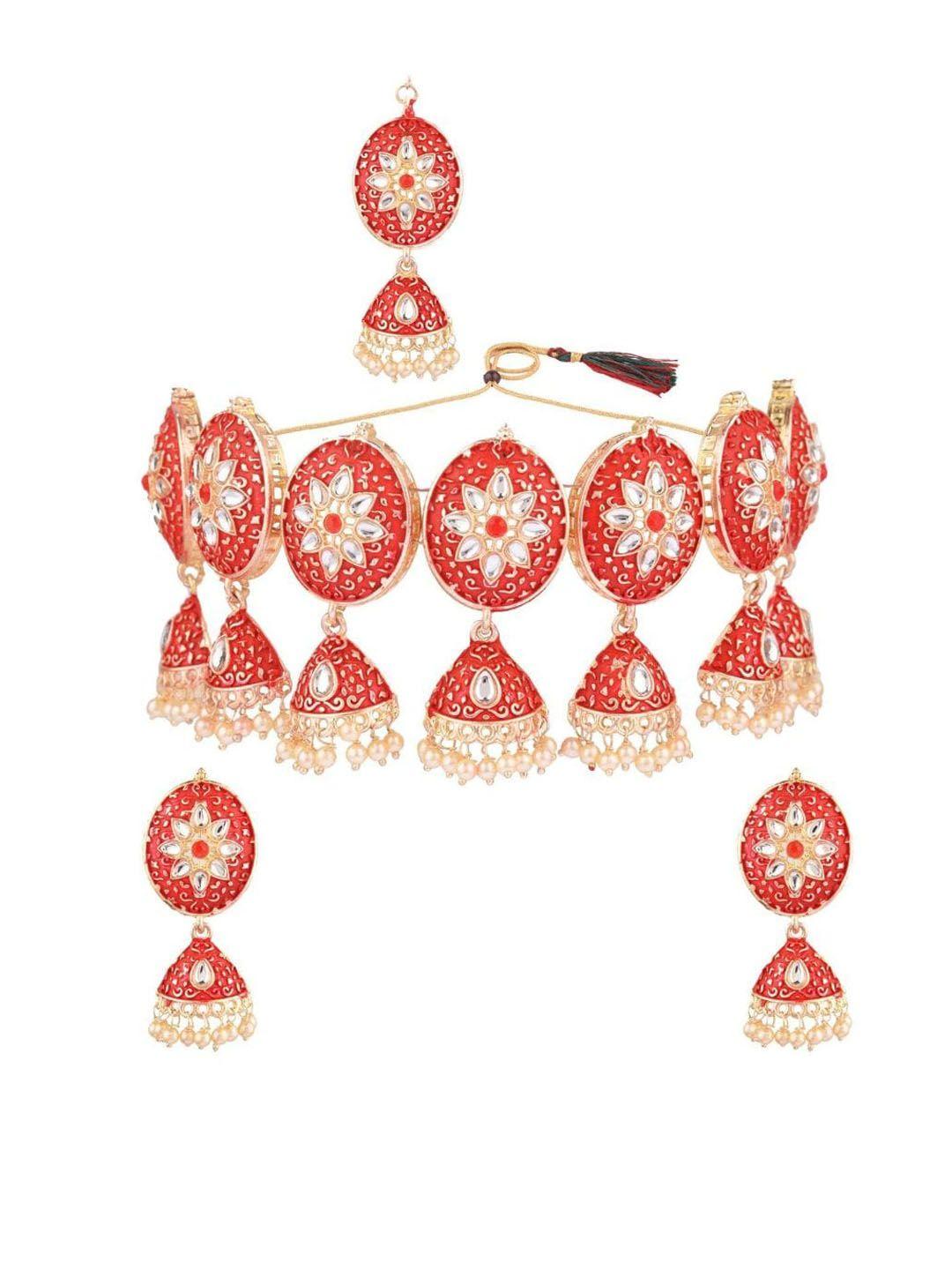 efulgenz gold-plated red & white stone studded & beaded traditional jewellery set