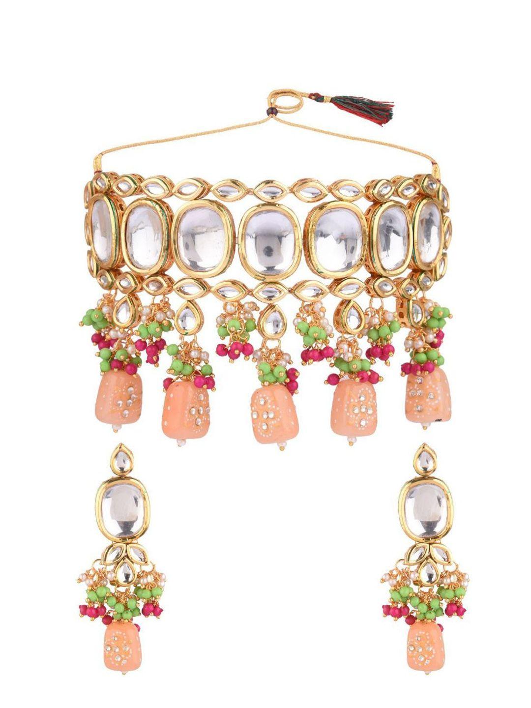 efulgenz gold-plated white & peach-coloured kundan-studded & pearl beaded jewellery set