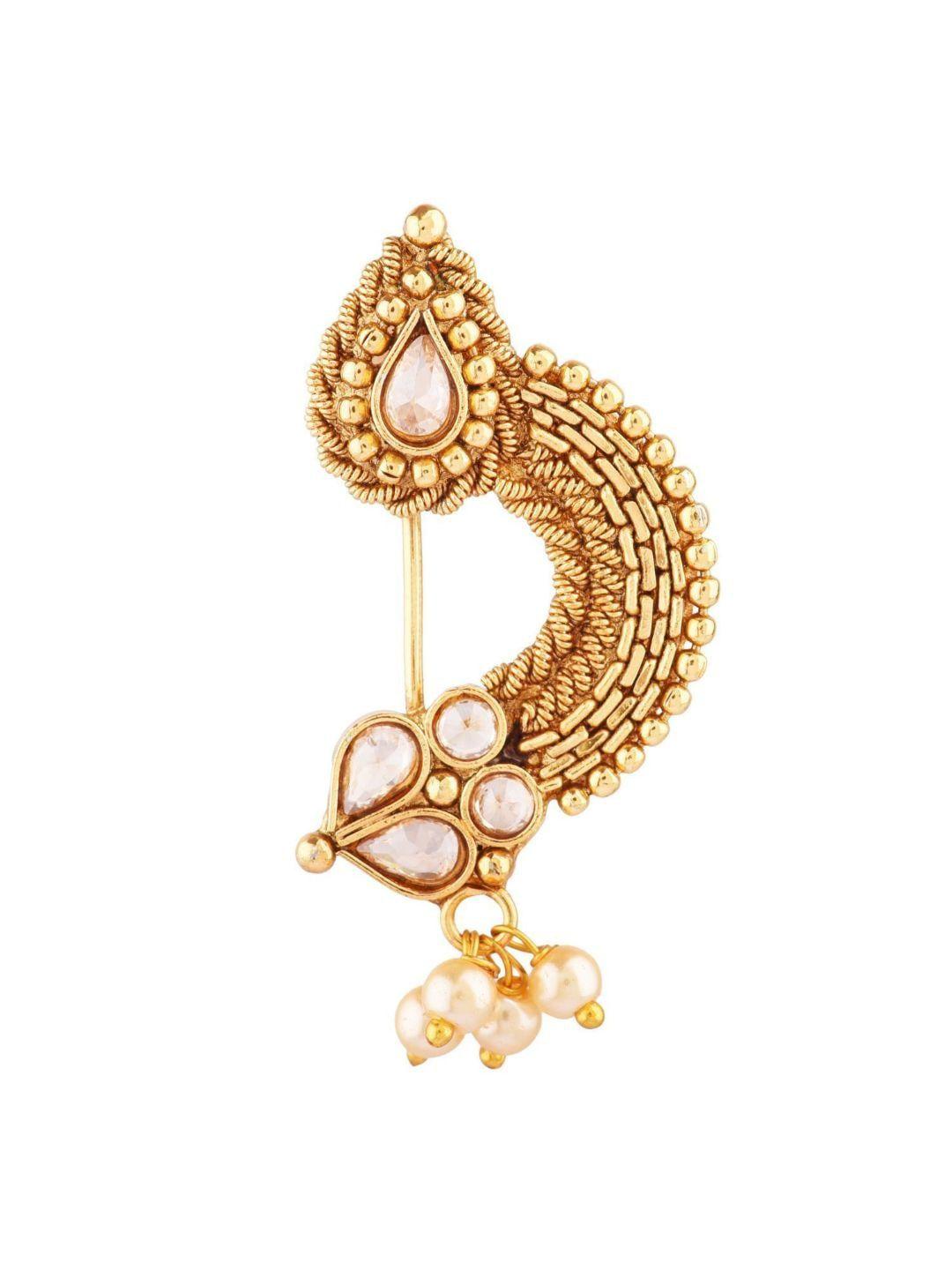 efulgenz gold-plated white kundan-studded beaded nose-pin