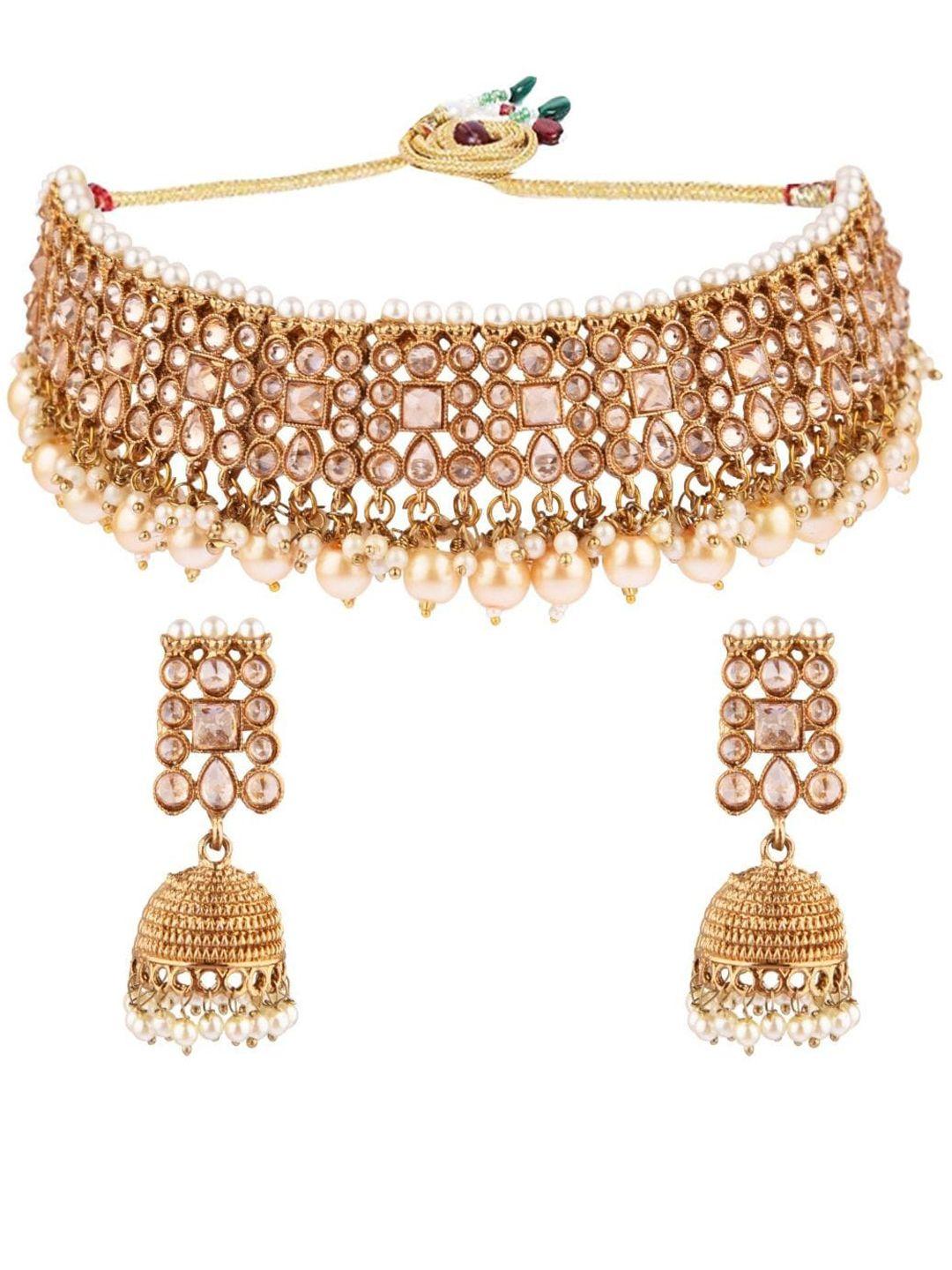 efulgenz gold-toned & brown crystal studded & beaded gold-plated jewellery set