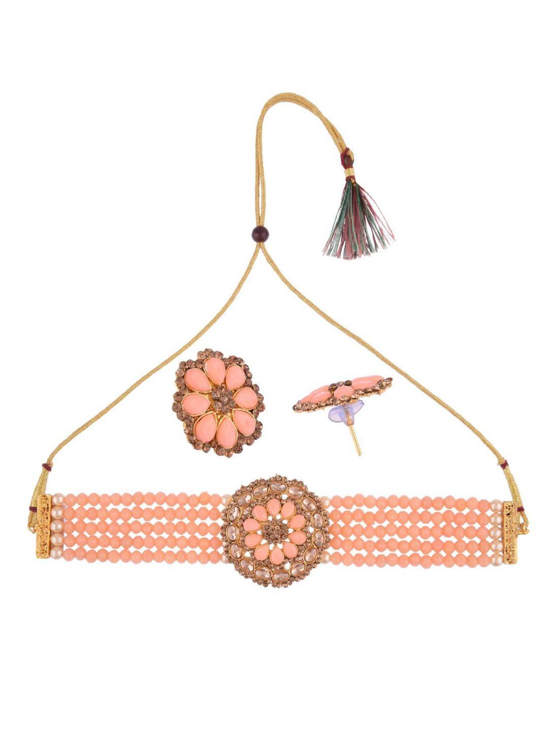 efulgenz gold-toned & peach crystal studded & beaded gold-plated jewellery set