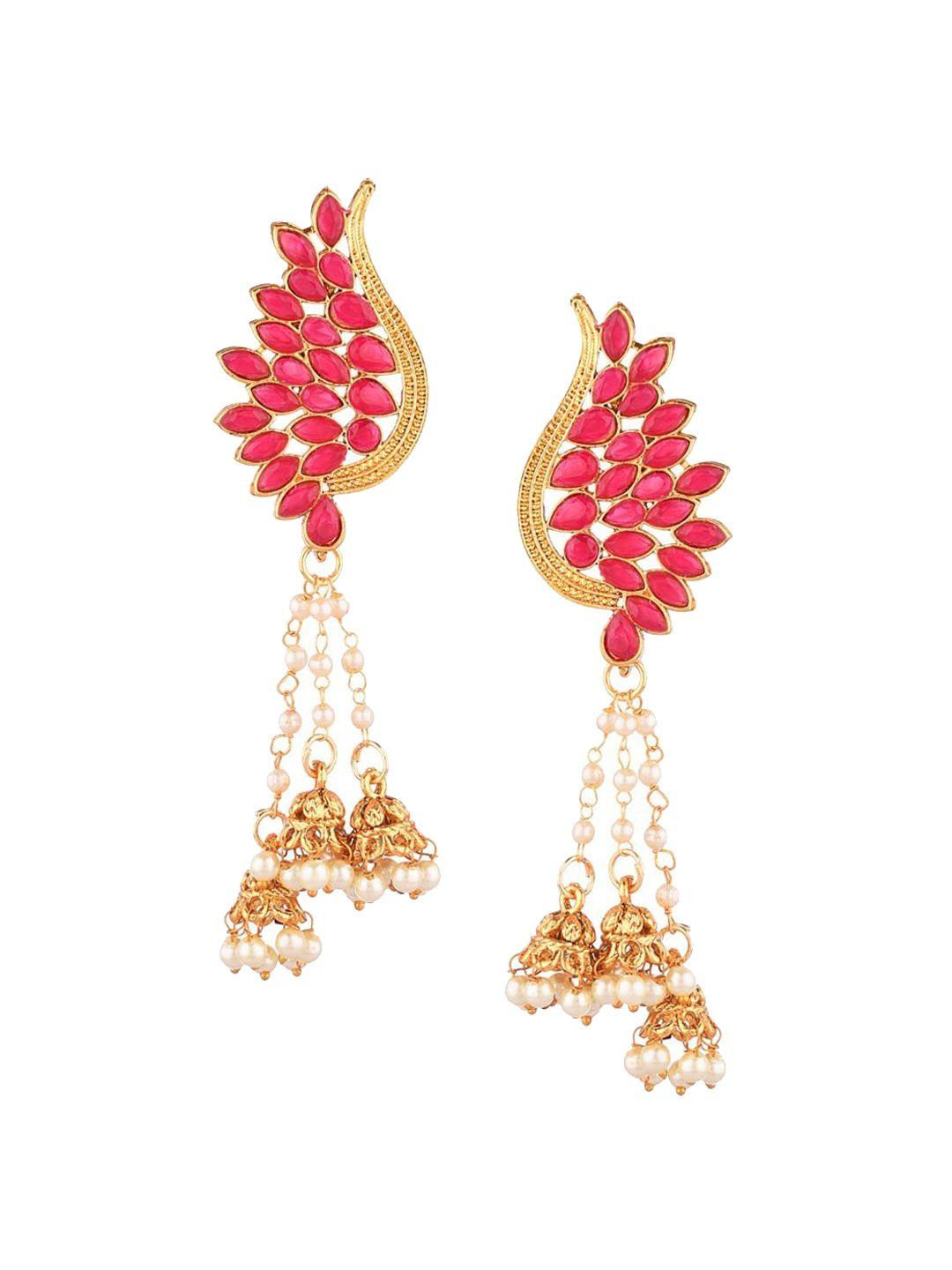 efulgenz gold-toned & pink leaf shaped jhumkas earrings