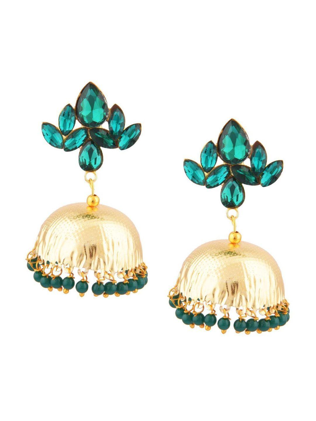 efulgenz green & gold-toned circular jhumkas earrings