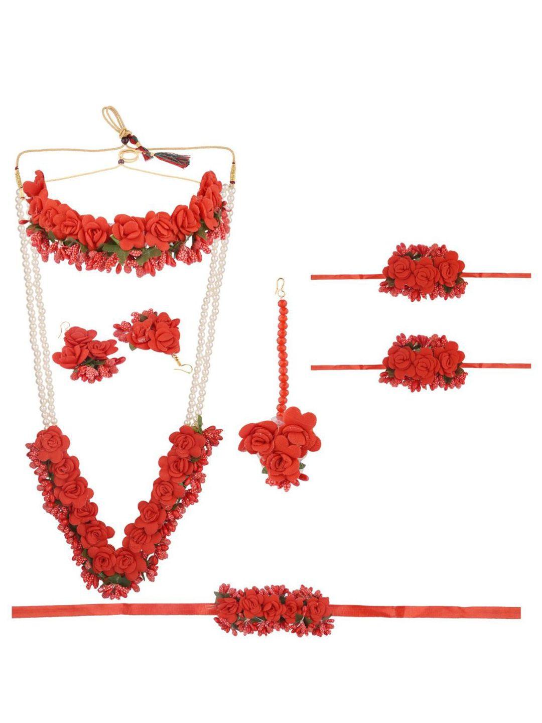 efulgenz red beaded floral haldi jewellery set