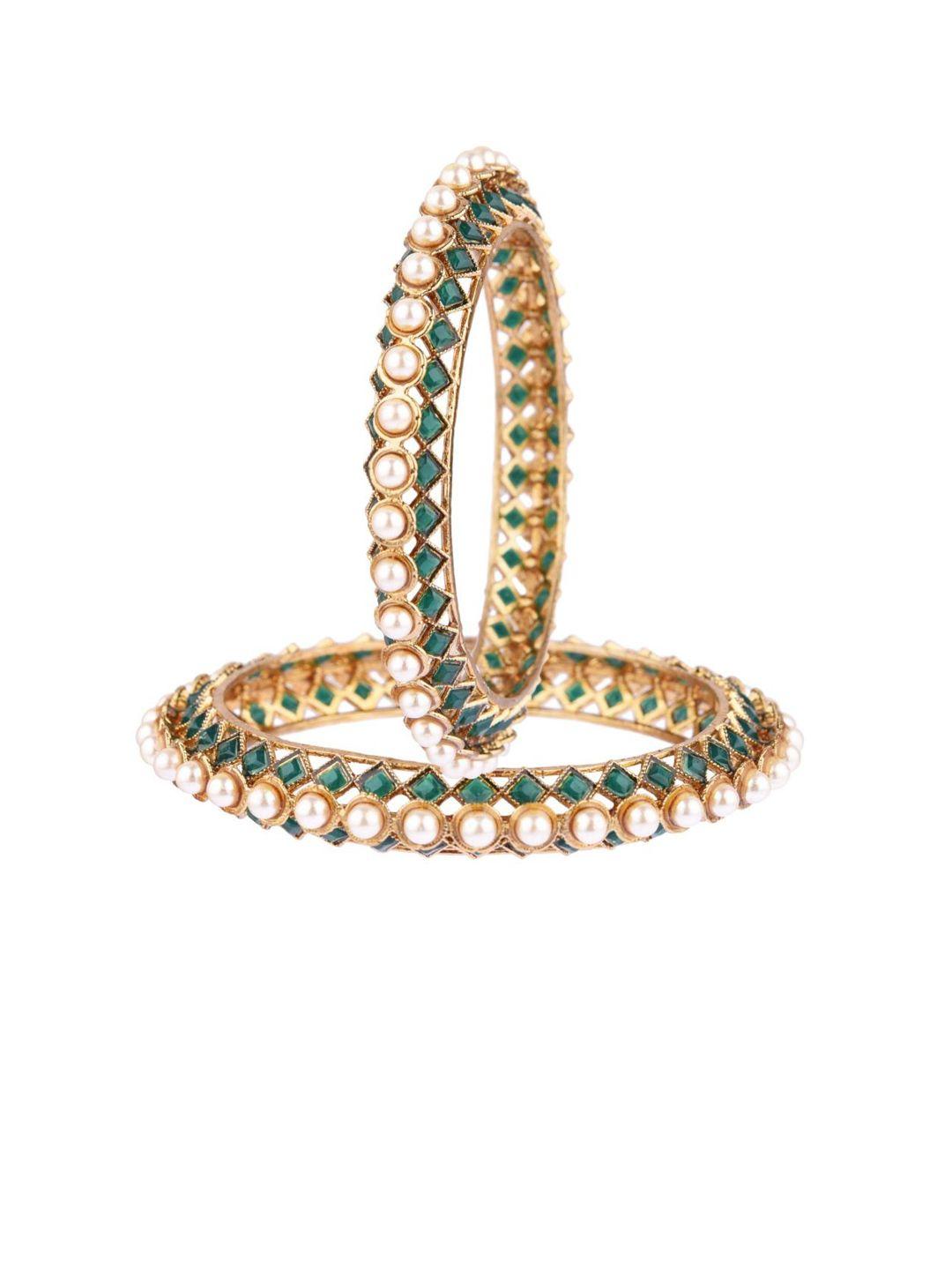 efulgenz set of 2 gold-plated green crystal studded & pearl bangle set
