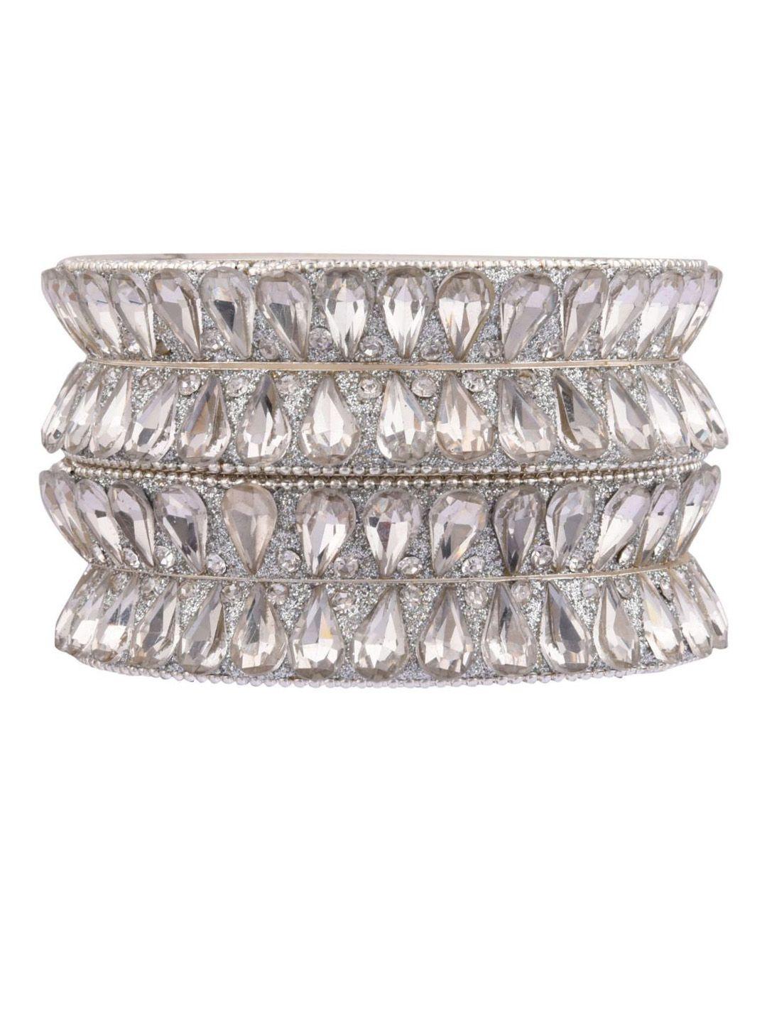 efulgenz set of 4 white crystals studded silver-plated bangles