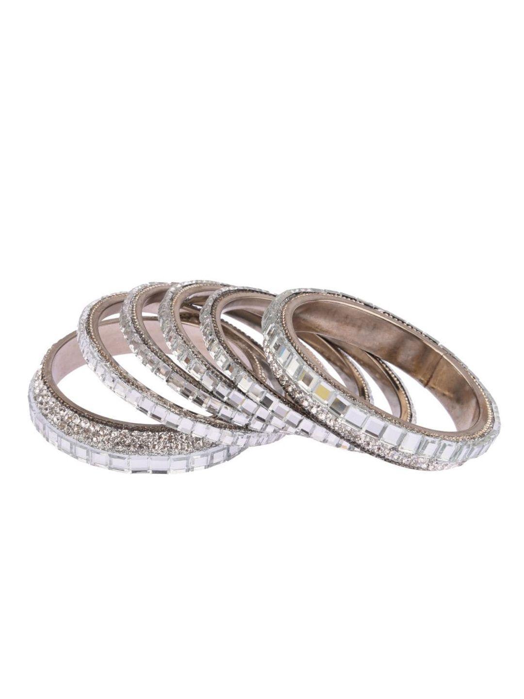 efulgenz set of 6 rhodium-plated silver-toned & brown crystals & cz studded bangles