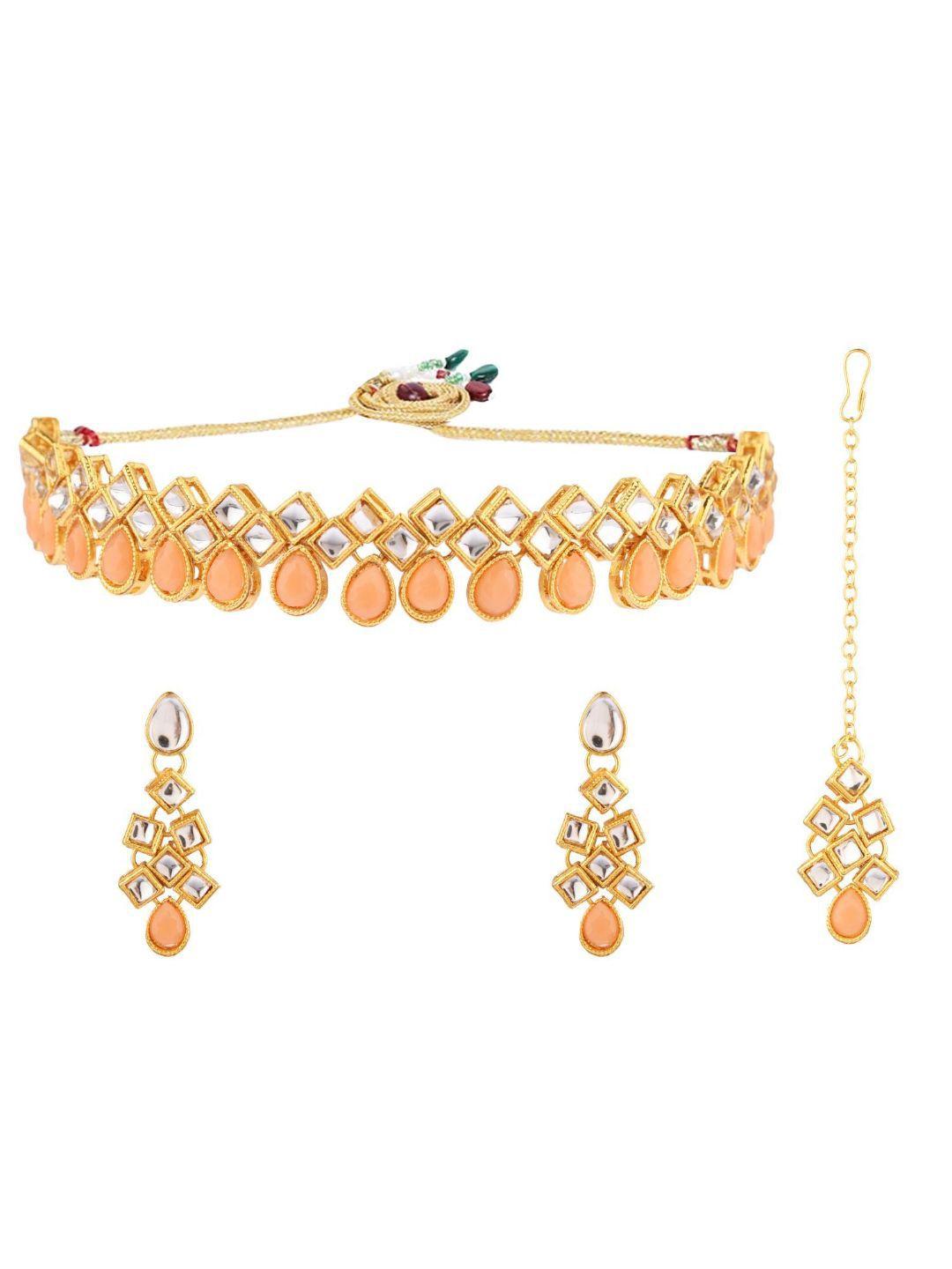 efulgenz women gold-plated & peach kundan studded jewellery set