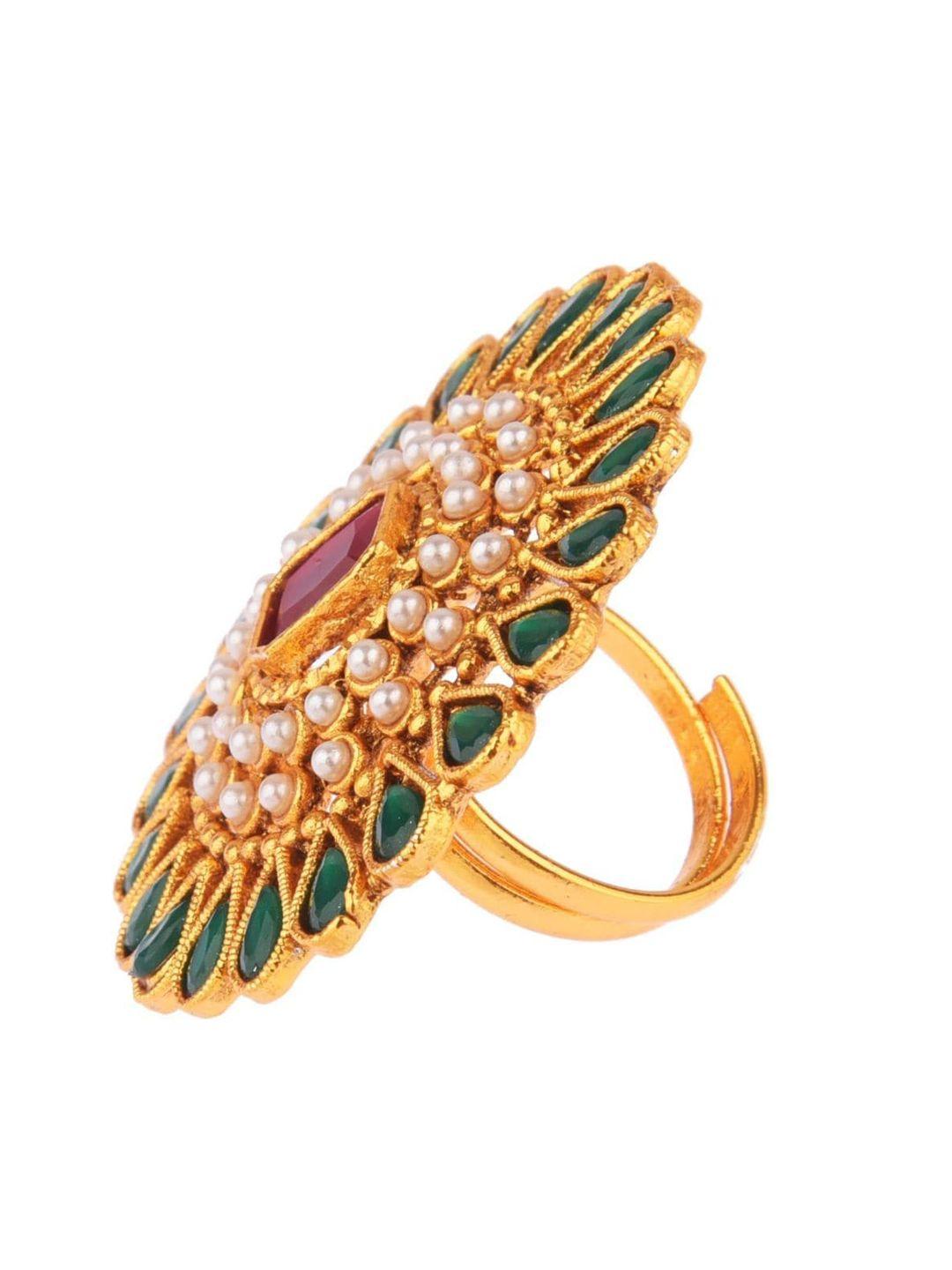 efulgenz women gold-plated green & pink crystal studded adjustable ring