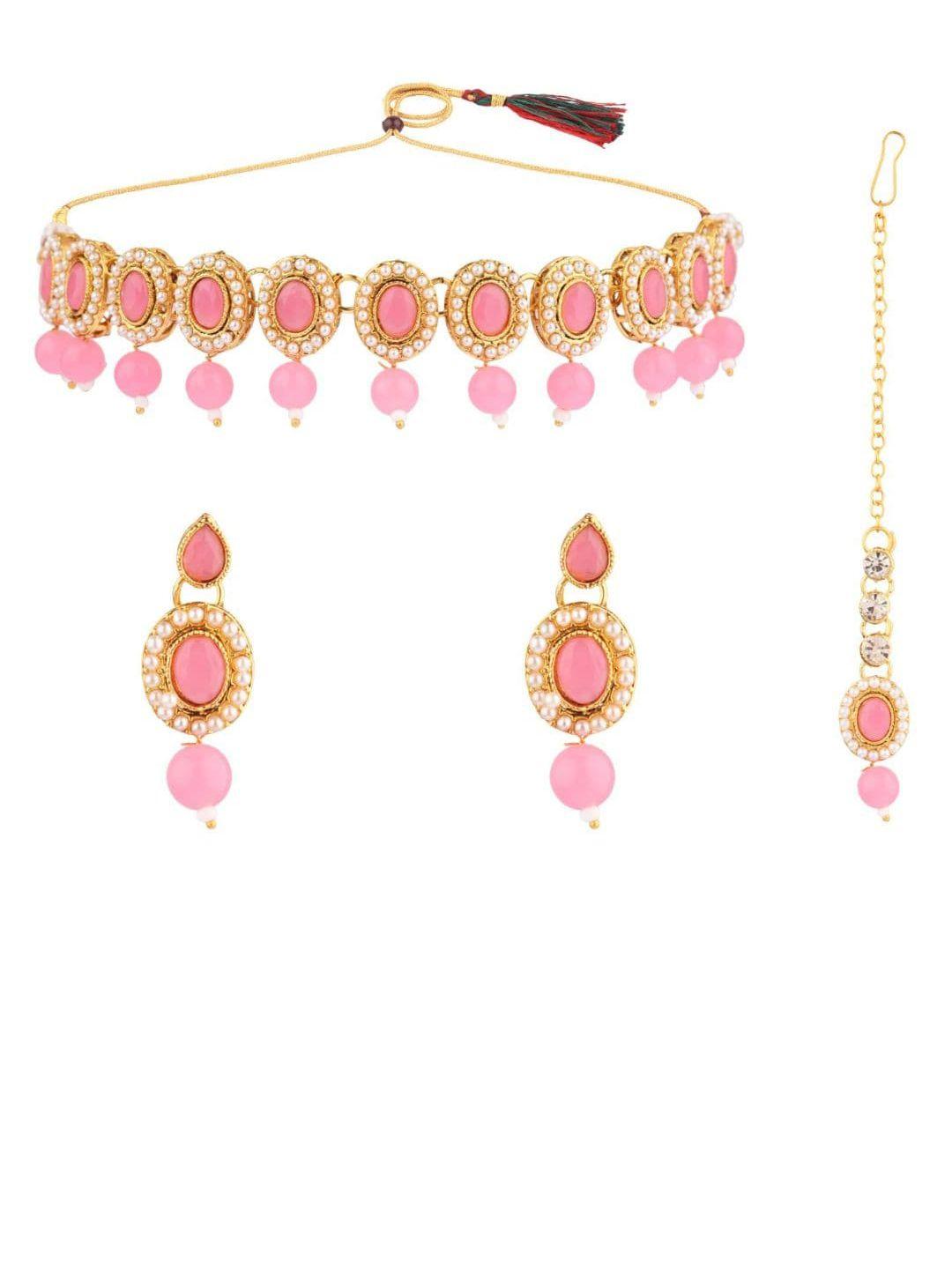 efulgenz women pink & white gold-plated crystal studded & pearl beaded jewellery set