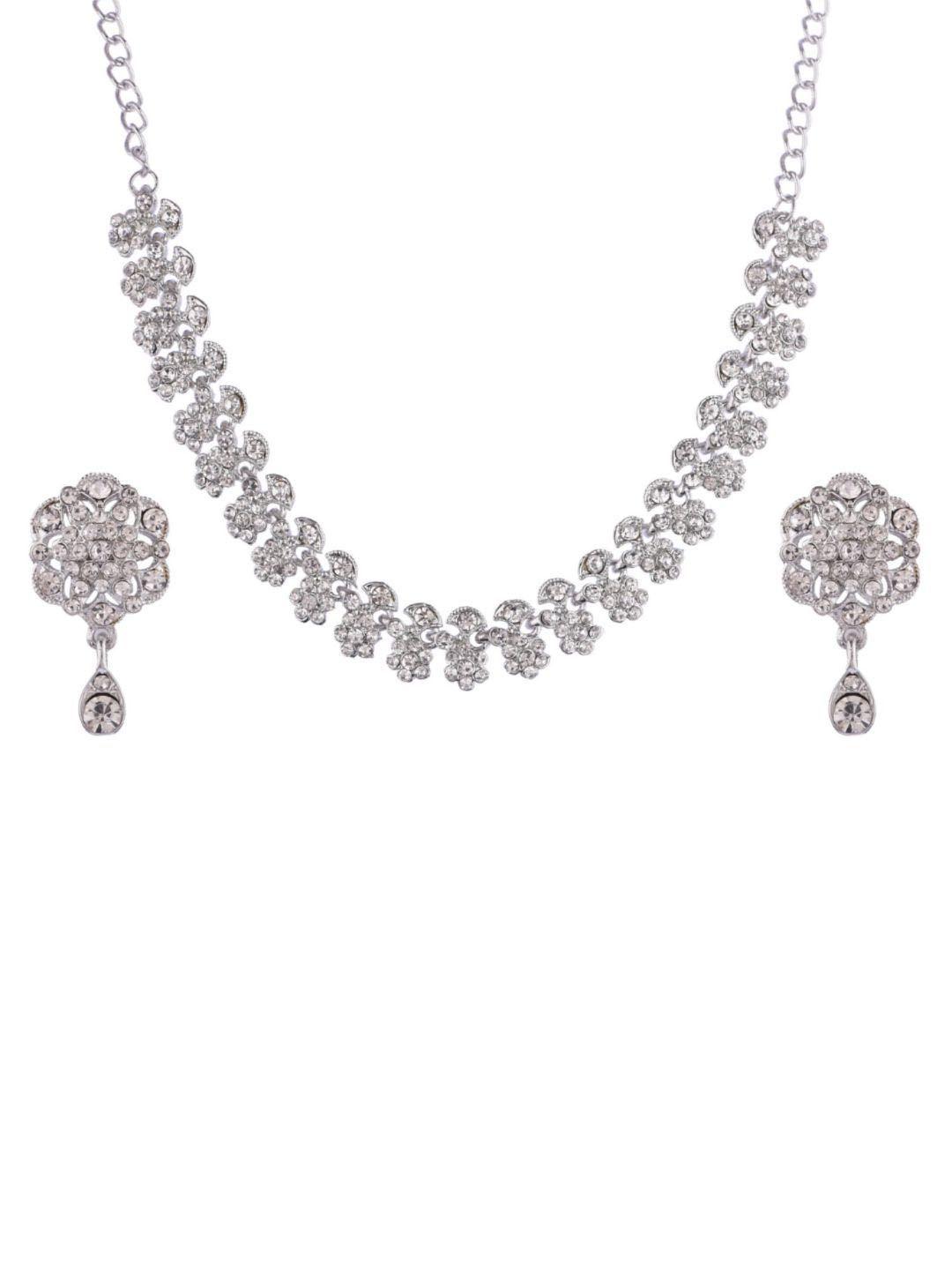 efulgenz women rhodium-plated white crystal-studded & beaded jewellery set