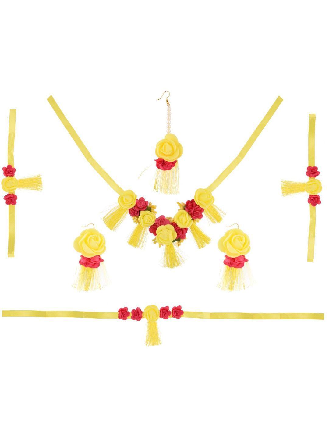 efulgenz women yellow & pink floral haldi jewellery set