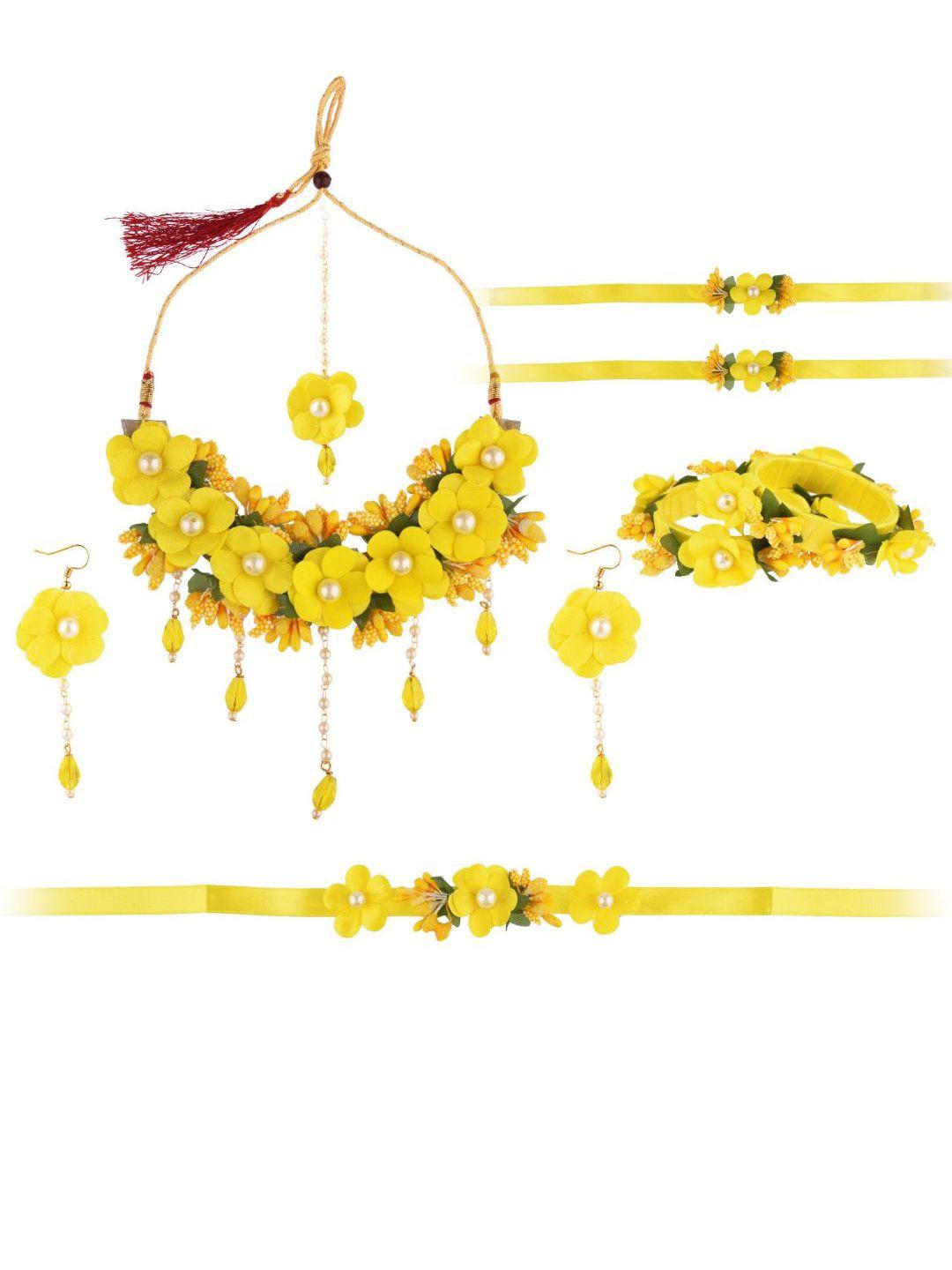 efulgenz women yellow & white pearls beaded haldi floral  jewellery set