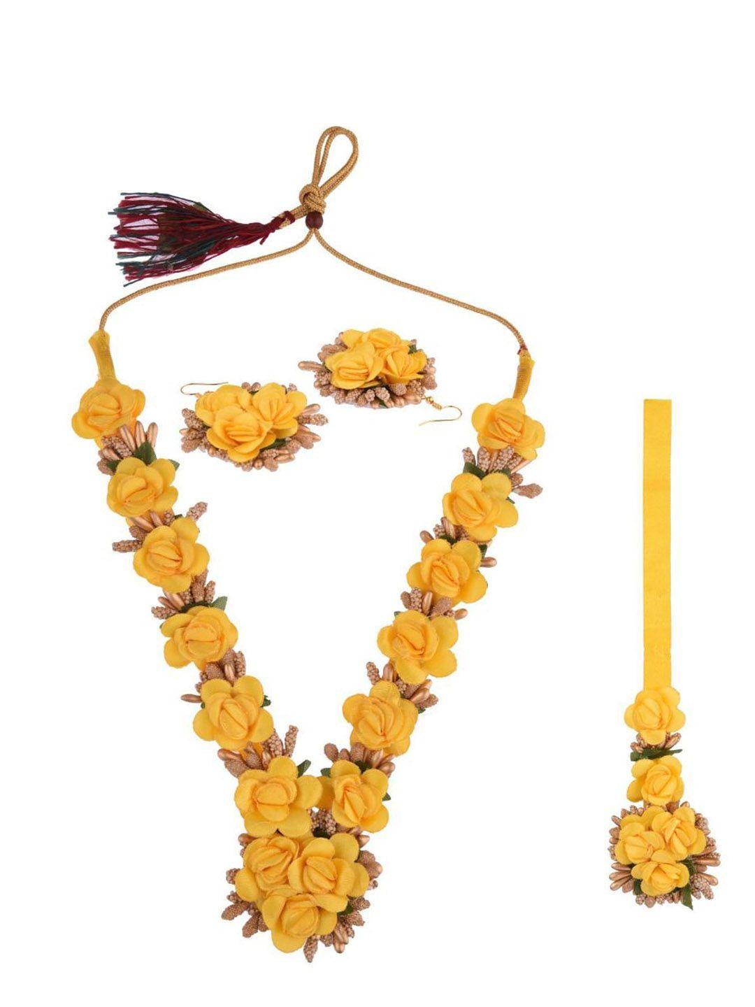 efulgenz yellow & gold-toned stone-studded & beaded floral haldi jewellery set