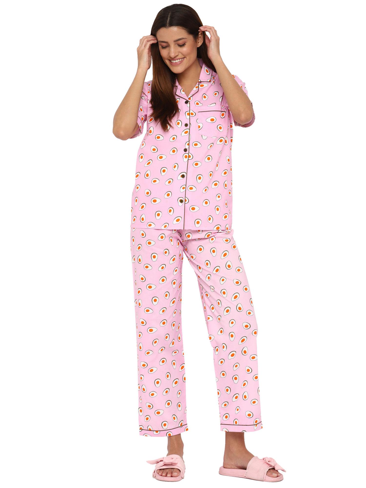 egg and yolk print short sleeve women's night suit - pink