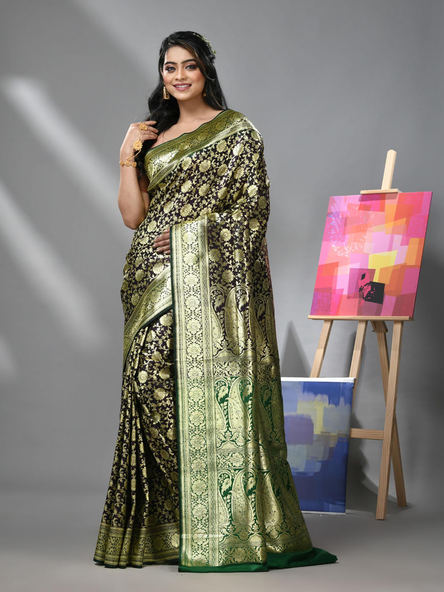 eggplant silk banarasi saree with zari woven designs & unstitched blouse