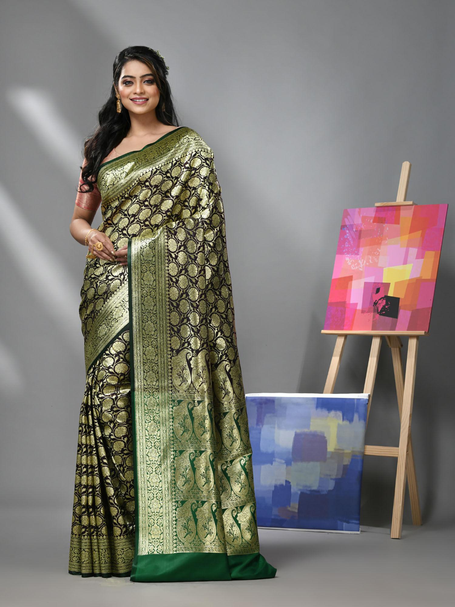 eggplant silk banarasi saree with zari woven designs & unstitched blouse