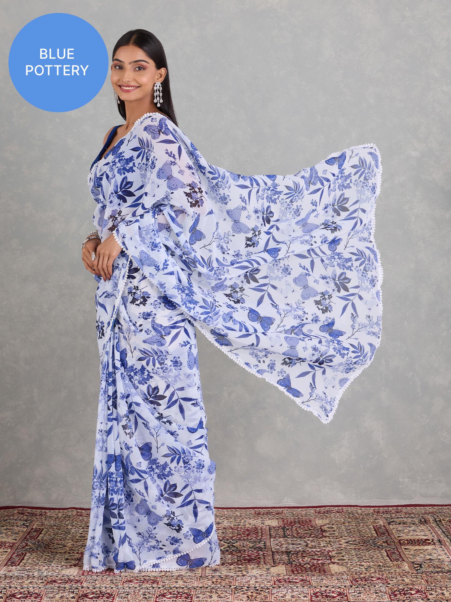 eggshell & blue georgette floral printed lace border casual saree and unstitched blouse