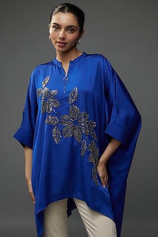 egyptian blue satin floral hand embellished asymmetric tunic