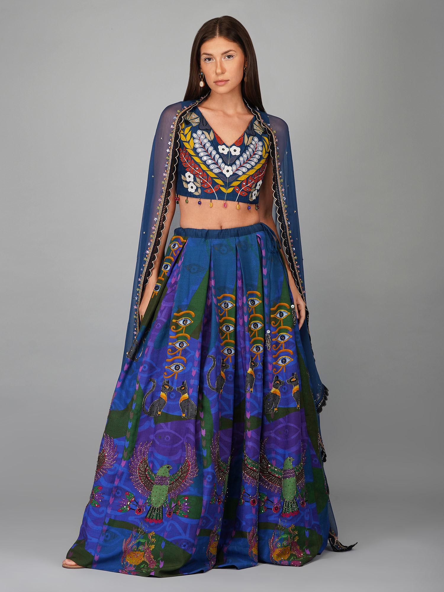 egyptian print lehenga and blouse with dupatta (set of 3)