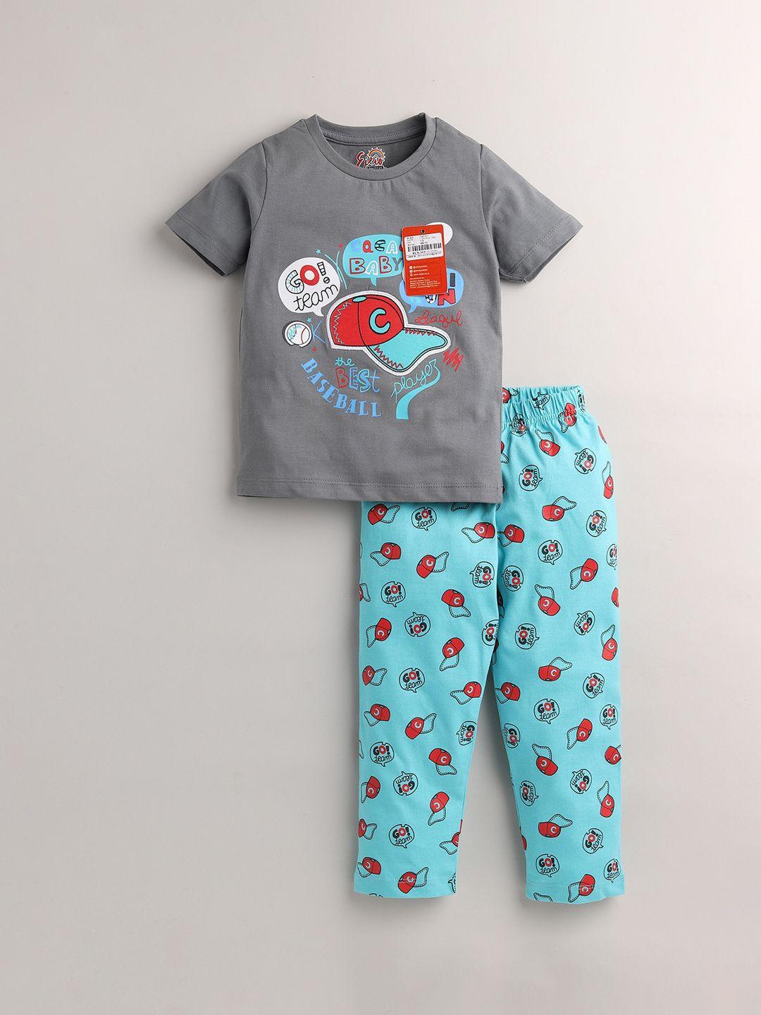 eieio boys grey & blue printed pure cotton night suit