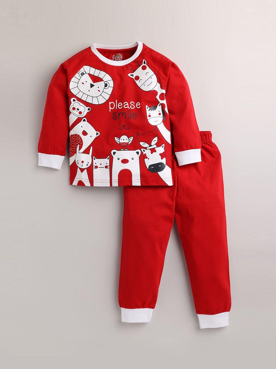 eieio kids red printed pure cotton night suit