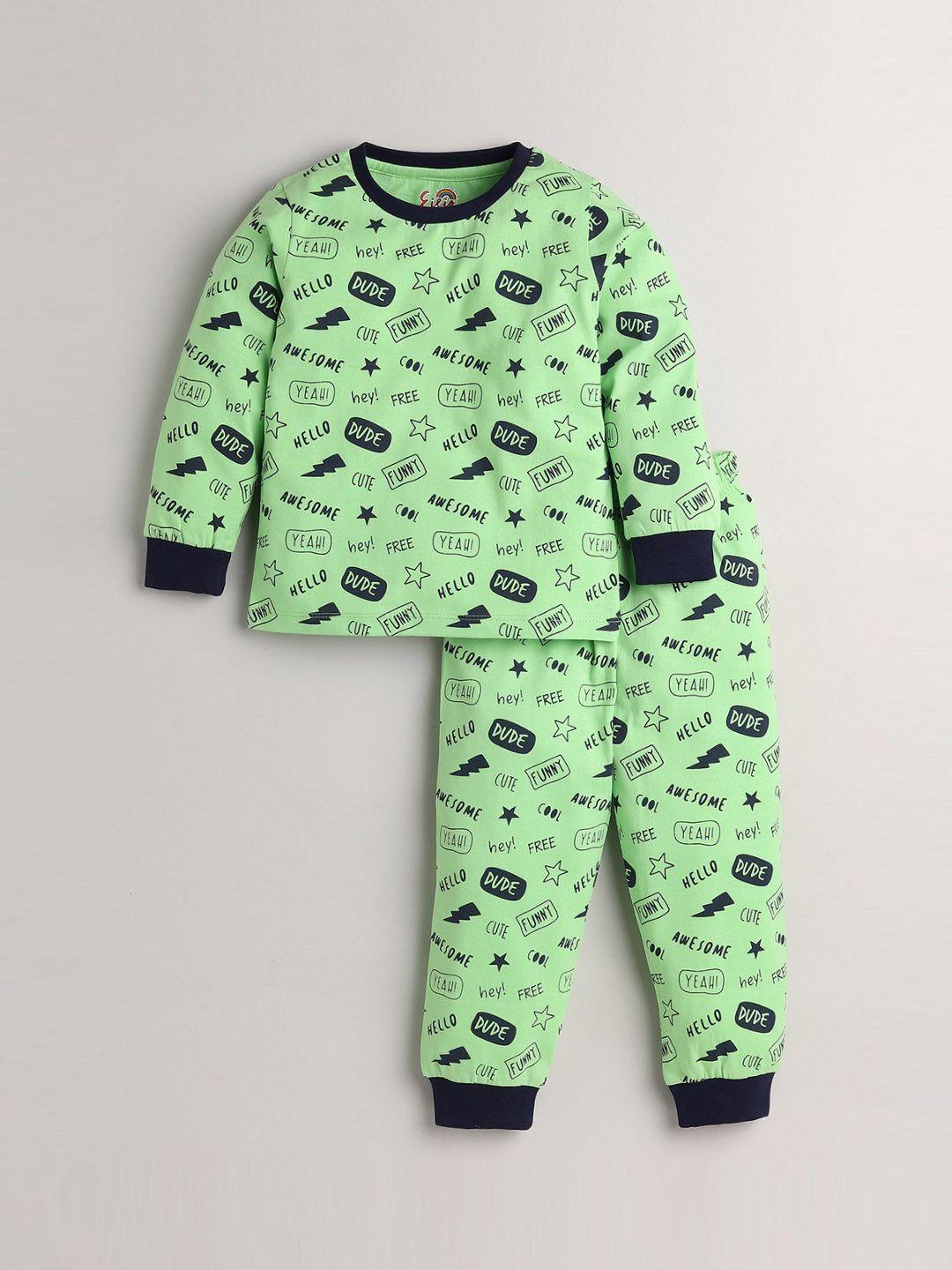 eieio unisex kids lime green & black printed cotton night suit