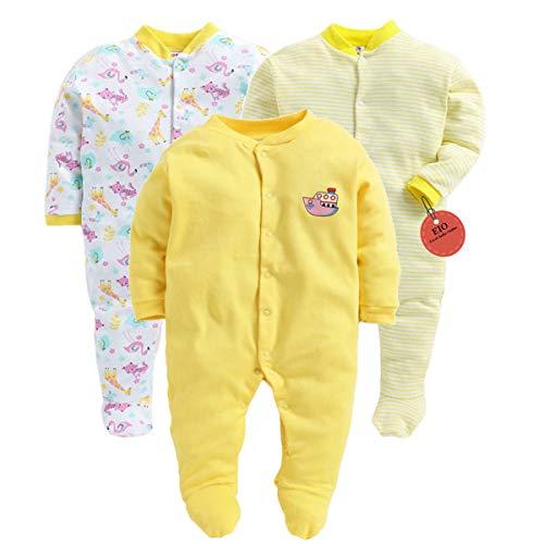 eio® 100% cotton rompers sleepsuits jumpsuit night suits for infants newborn baby boys & girls pack of 3 (0-3 months, yellow) (0-3 months, yellow)