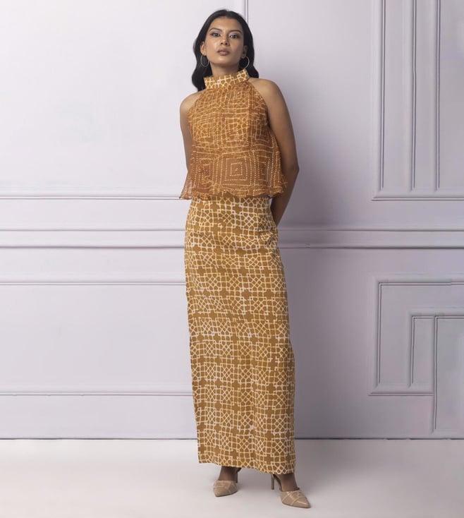 ek katha muddy yellow batik printed linen tube skirt with belt