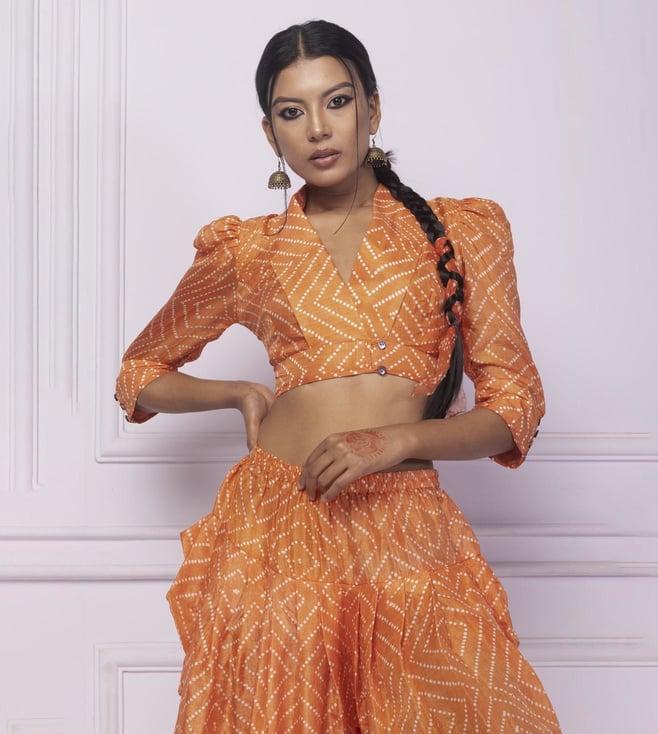 ek katha orange printed silk front opening blouse