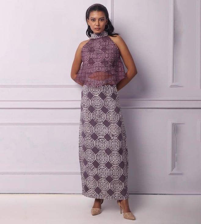 ek katha purple batik printed halter neck top with organza layer