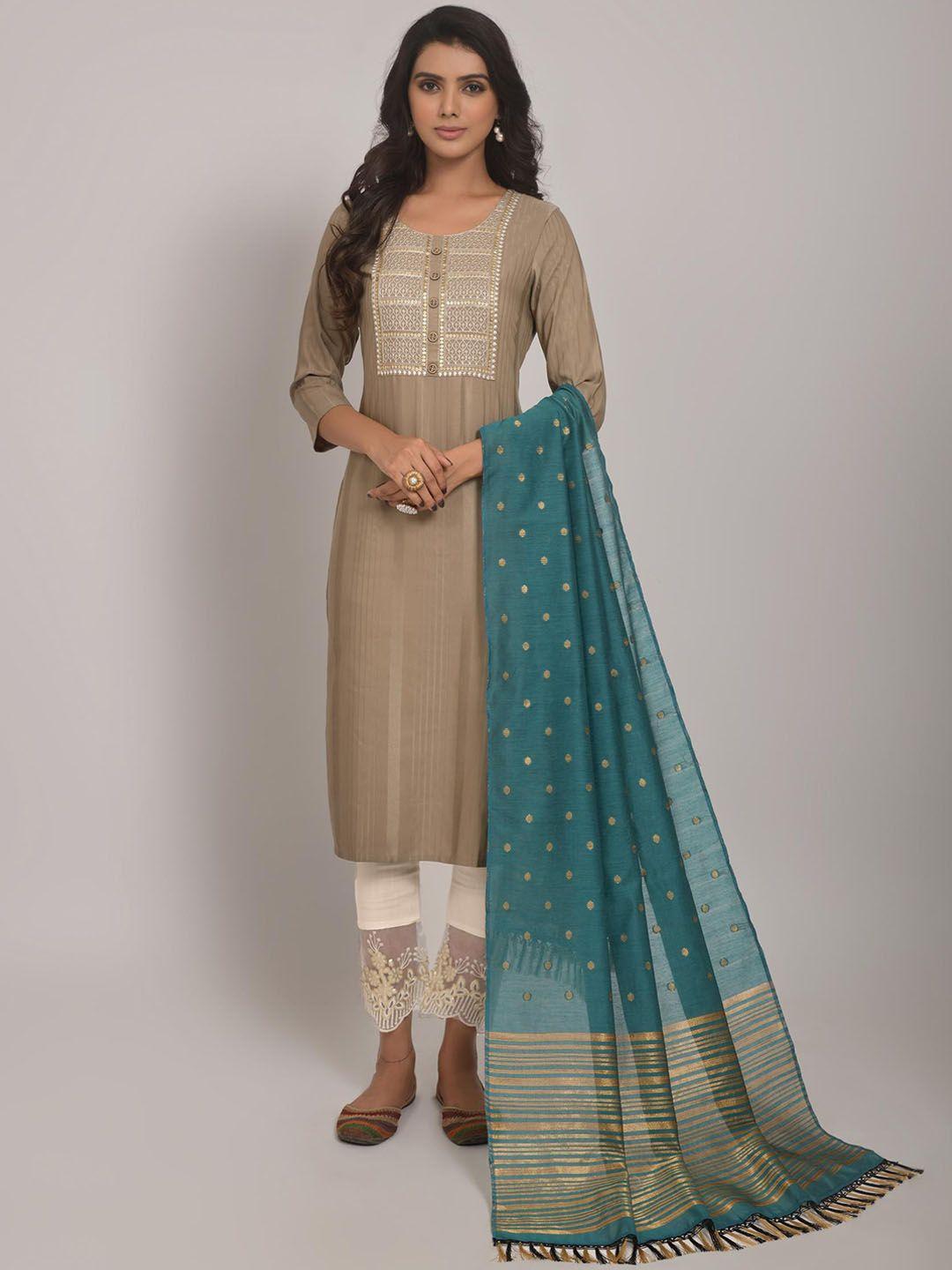 ekasya round neck yoke design regular thread work kurta with trousers & with dupatta