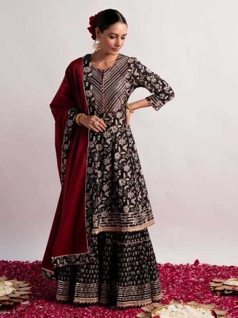 ekohum black handblock print flared kurta with printed sharara and dupatta