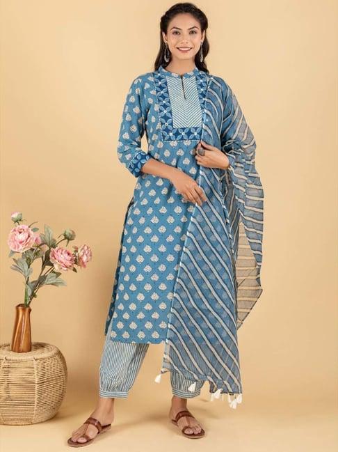 ekohum blue dabu flower printed straight kurta with stripes print afgani pants and dupatta