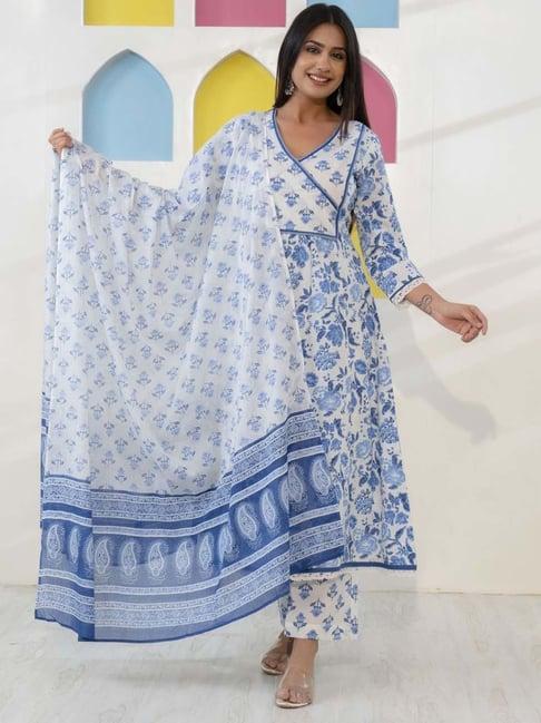 ekohum blue printed a-line kurta with printed pant and dupatta set