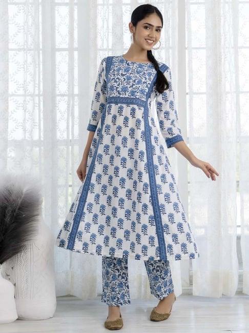 ekohum blue printed a-line kurta with printed pant and dupatta set