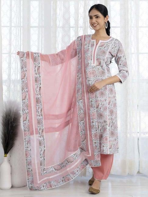 ekohum blue printed straight kurta with peach pant and dupatta set