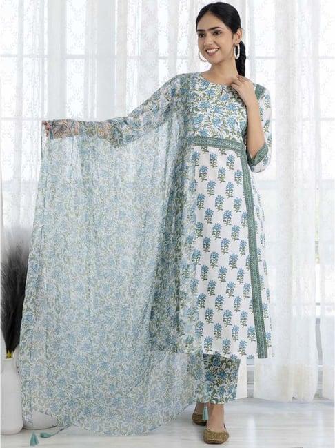 ekohum green printed a-line kurta printed pant and dupatta set