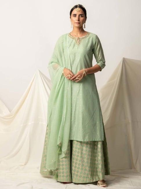 ekohum green silk chanderi kurta with brocade skirt and doriya dupatta