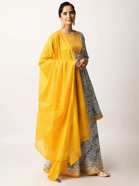 ekohum grey & yellow tie & dye print kali kurta with skirt and mulmul leheriya dupatta