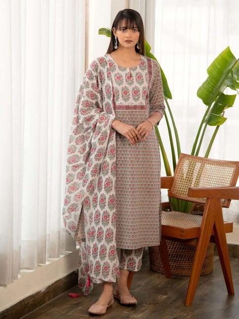 ekohum grey printed straight kurta with afghani pant and printed dupatta set