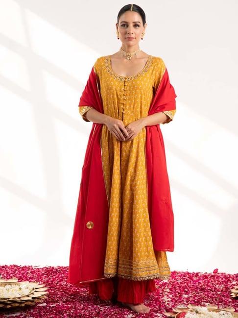 ekohum mustard printed kalidaar kurta with skirt and dupatta