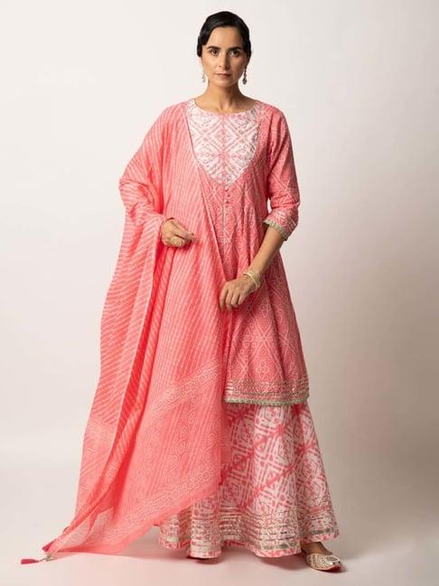 ekohum pink bandhani print kali kurta with tie & dye skirt and mulmul leheriya dupatta