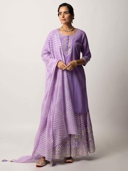 ekohum purple cotton lurex straight kurta with cotton stripes print sharara and mulmul leheriya dupatta